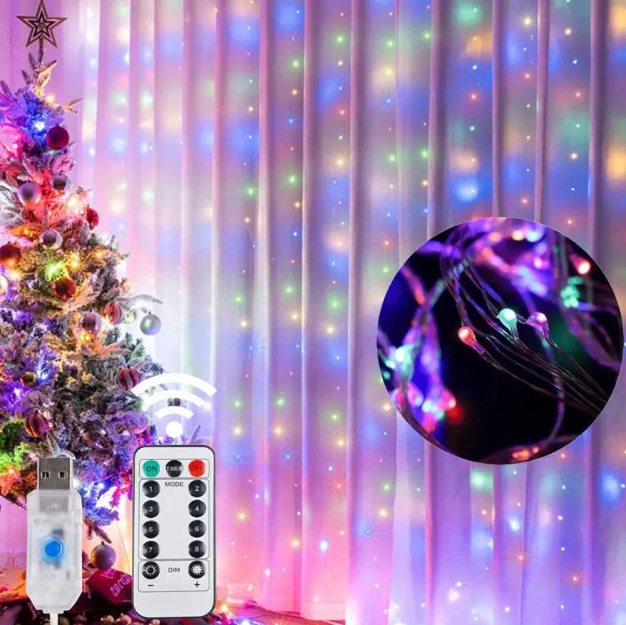3*3m 300 Led Usb Remote Control Christmas Room Decoration Fairy Silver Copper Wire Twinkle Star