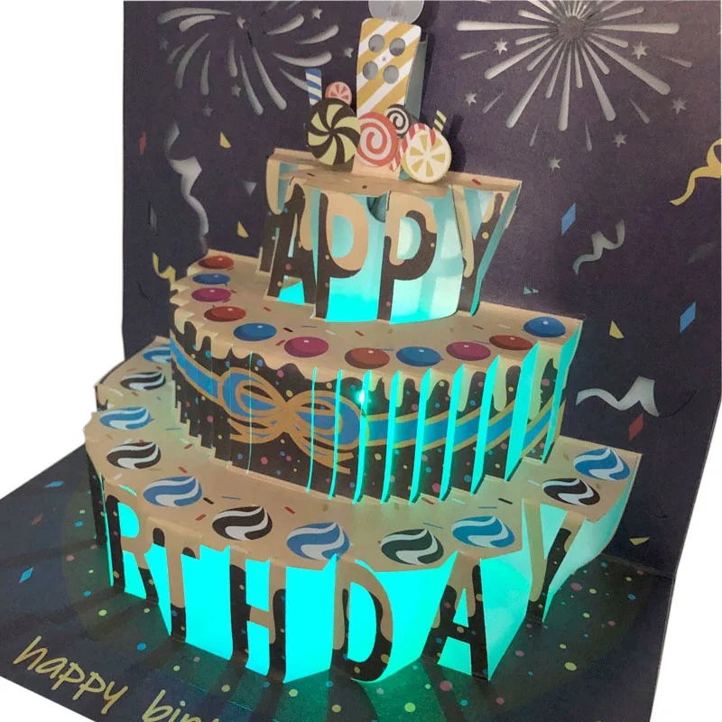 2024 Bulk 3D Pop-up Happy Birthday Greeting Cards Music Blowable Candle for Kids Women Offset Printing Hot Stamping Christmas