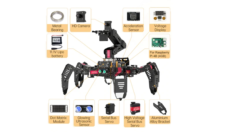 SpiderPi Pro Hexapod Robot Smart Robot with AI Robotic Arm Powered by Board for Raspberry Pi 4B 4GB