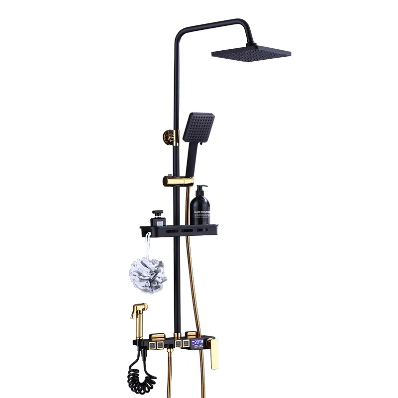 Цвета: черный золотистый интеллигентая (ый) Термостатический смеситель для душа голову все медные можно поднять и понизить кнопочного типа бытовой