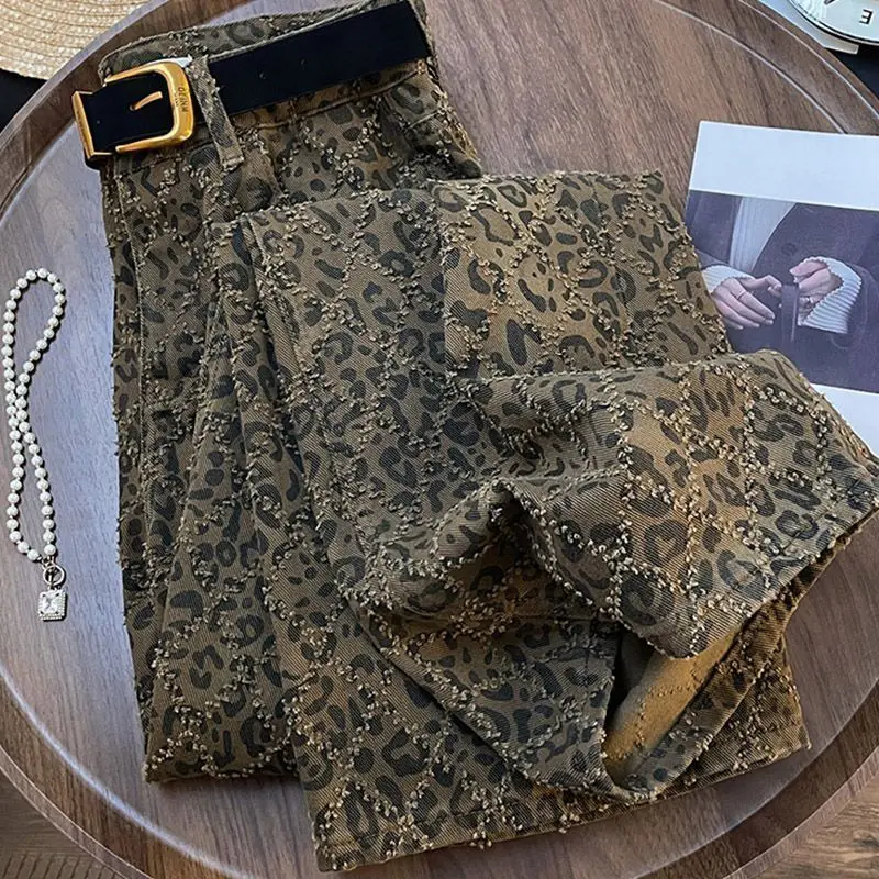 Simon Laina American Style High Street Leopard Print Denim Cotton Women's Winter Sexy Girl High Waist Loose Straight-Legged