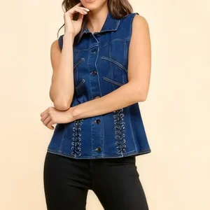 Women's Casual Summer Denim Vest Lace-up Details Eyelet Button-Front Style Sleeveless Sexy Design Washed Skinny Fit Washable