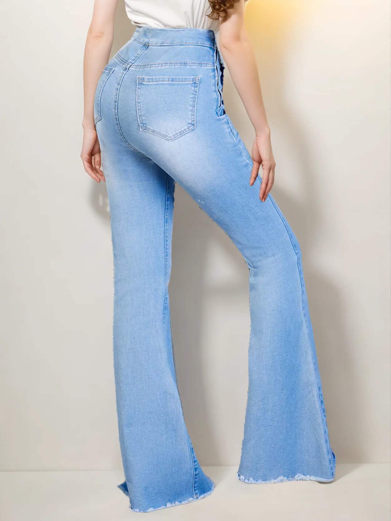 Custom Wholesale Factory Direct Sales Ladies New Casual Fashion Wash Waist Design Hole Bag Buttock Tight Denim Bell Bottoms