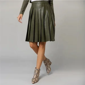 Clothing Manufacturer Custom Autumn Winter Navy Green  High Waist Elegant Casual Women Leather Pleated Skirt