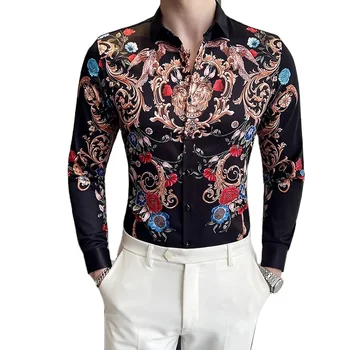 Trendy new digital printed men's shirts casual slim fitting men's long sleeved shirts  long sleeve black shirt