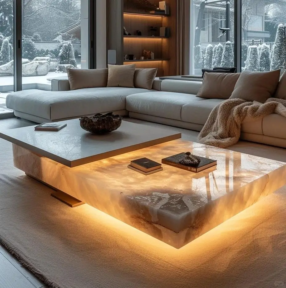 Luksus indendørs skinnende marmorbord i onyx til stue – elegant marmormøbel til hjemmebraug