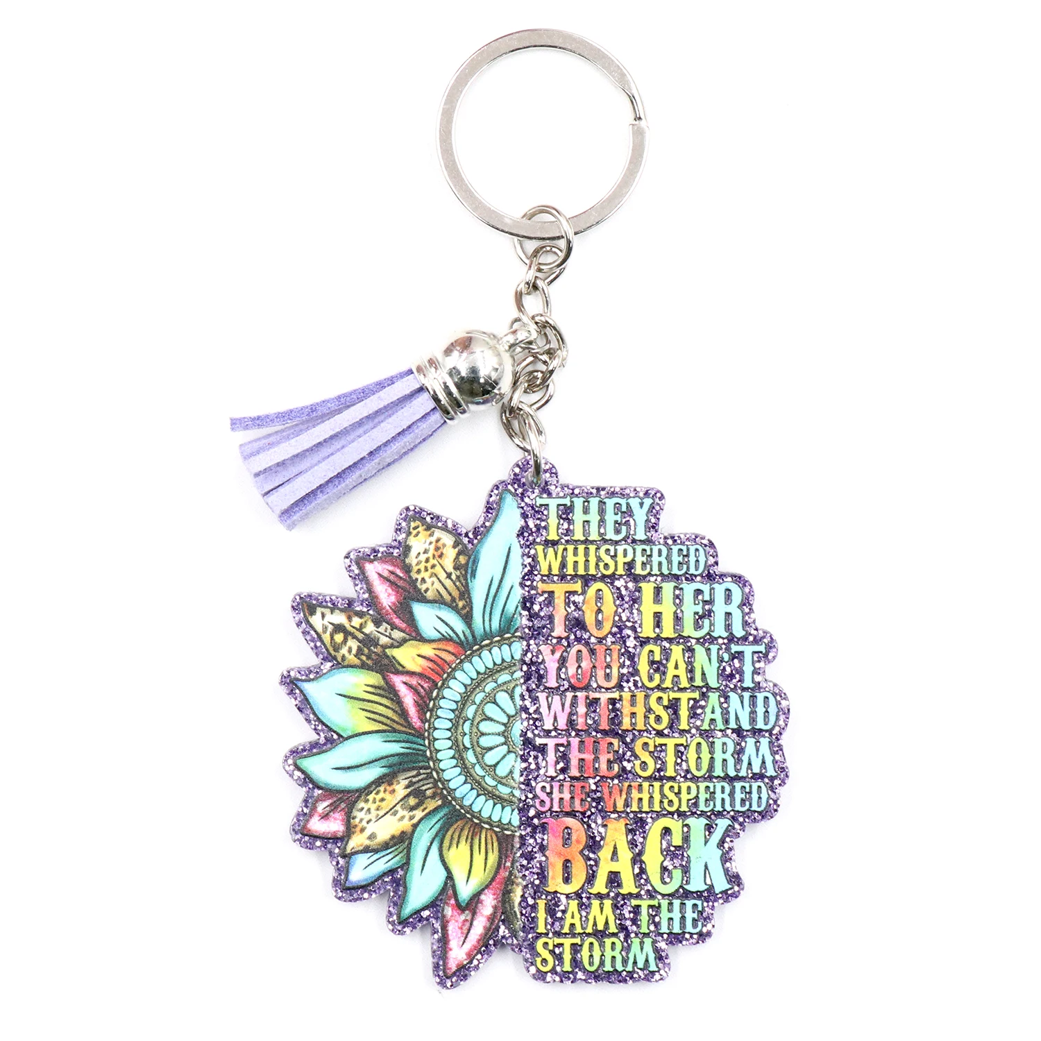 ZSHKH1326 Inspirational Flower Keychain UV Printed Plastic Coin Holder with Stainless Steel Metal Unique Inspirational Design