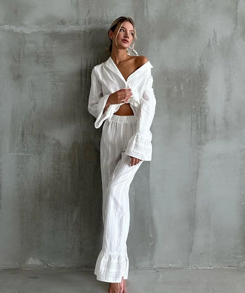 Women Cotton Pajama Set Long Sleeve Striped Jacquard Full Length Sleepwear Breathable Soft European American Style — detail