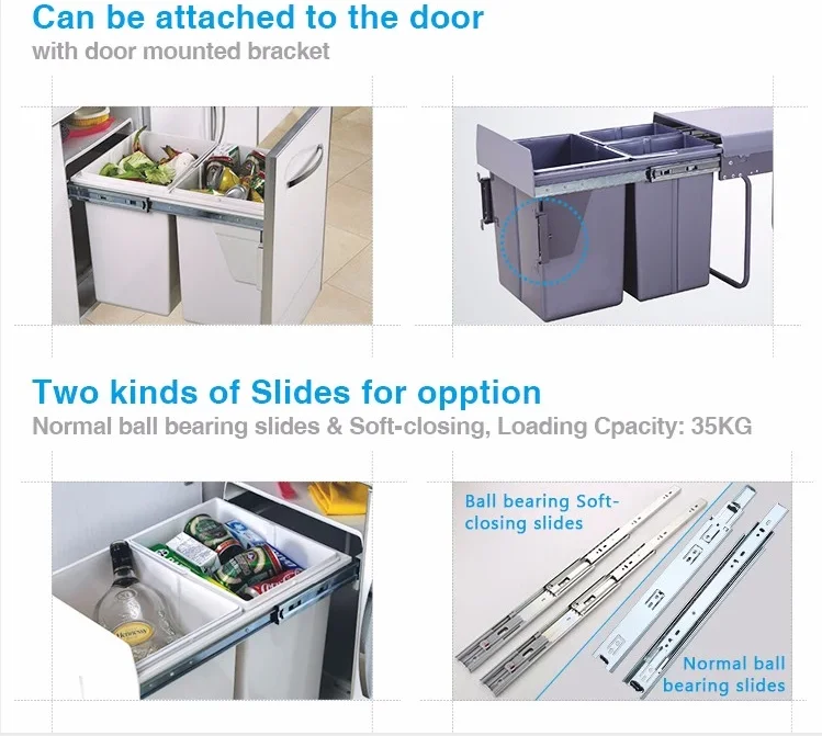 TOPCENT 20L Plastic Recycle Dustbin Kitchen Cabinet Built in Waste Bin Trash Can Pull Out Sliding Storage Baskets