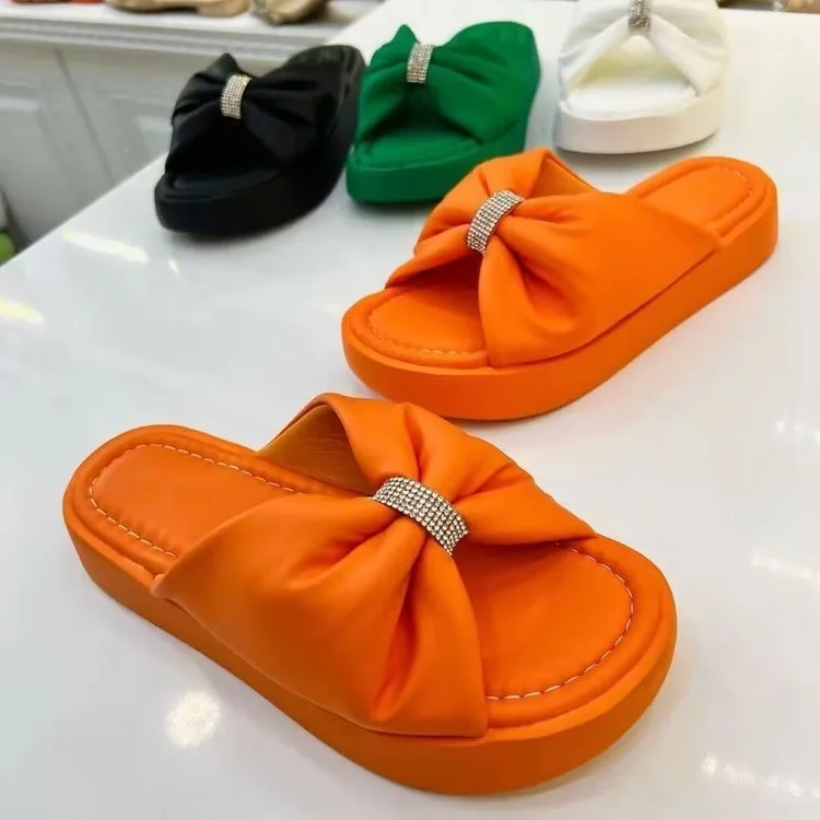 New summer large size women's shoes thick sole bow sequin thick sole casual slippers for women