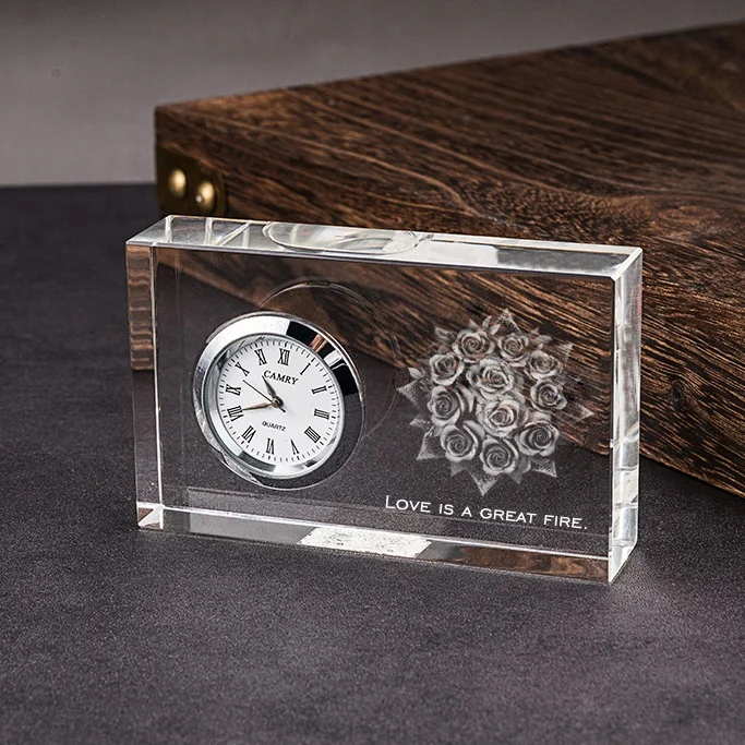 Crystal Table Clock Office Souvenirs Ornaments Wedding Favor Glass Clocks with Custom Laser Engraved Logo