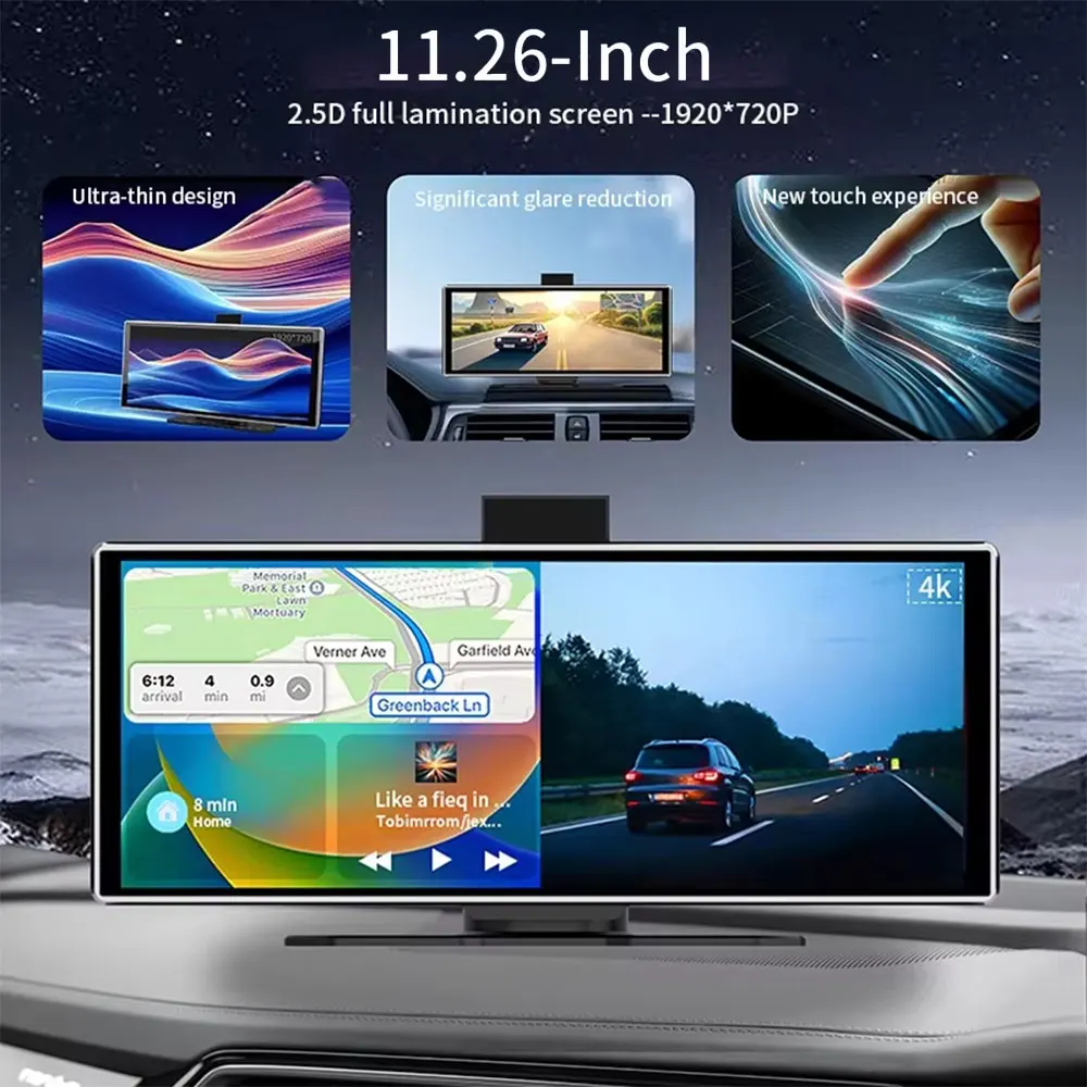 11.26 Inch Portable Carplay Screen with Dual Wifi, 1080P DVR