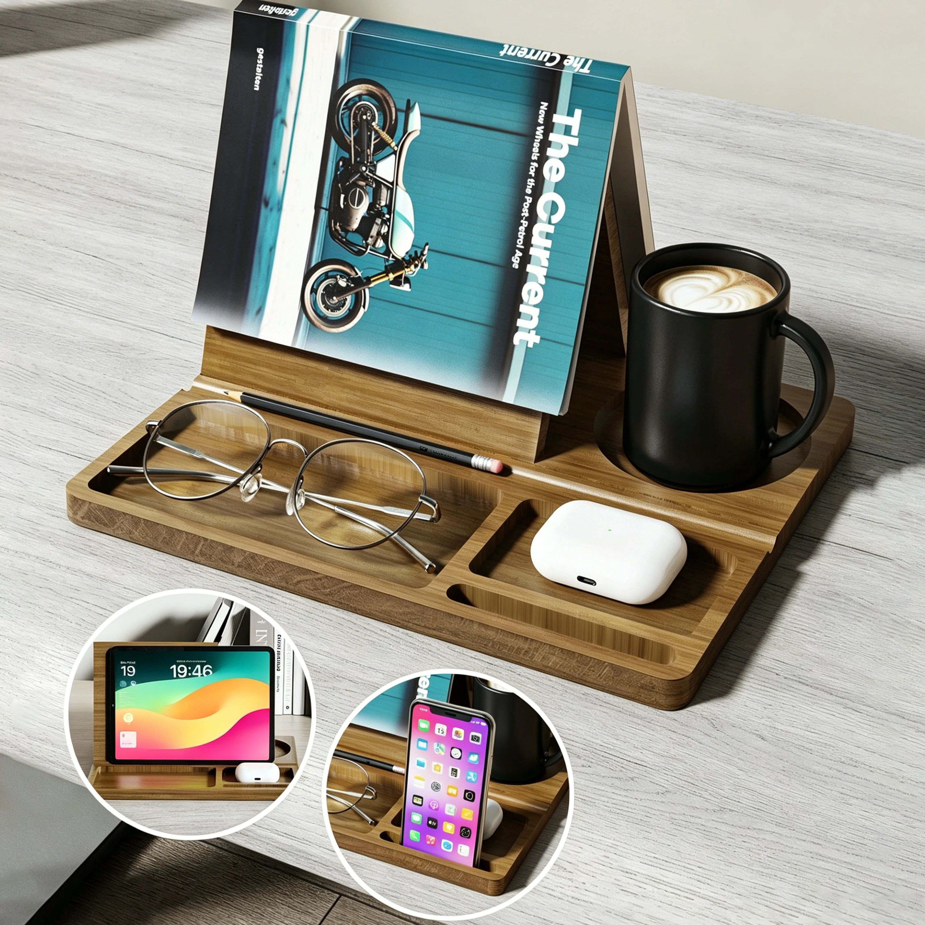 Book Stand with Cup Holder Storage Slots Desk Organizer with Detachable Magnetic Base Book Rest Storage Rack for Home Decor