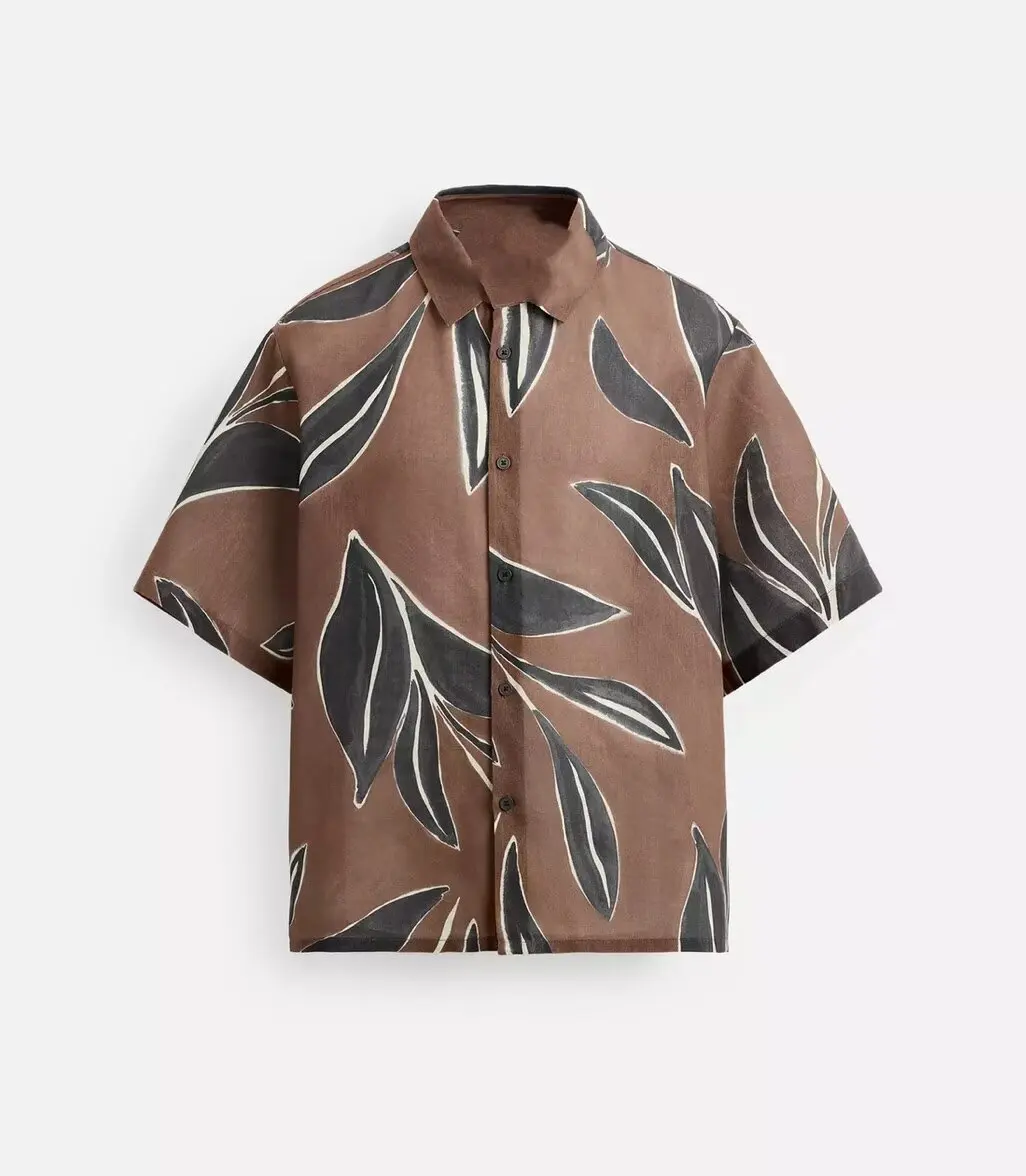 TAOP&ZA 2025 Spring New Men's Fashion All-match Brown Light Loose Leaf Print Short Sleeve Shirt Holiday Style 4409607