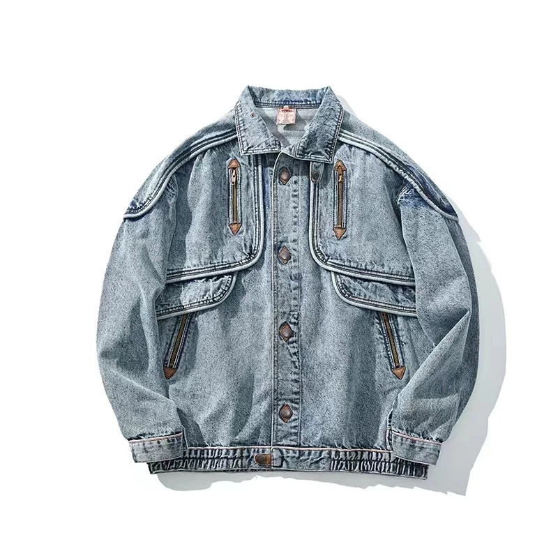 DiZNEW Vintage wash jacket Y2K button-down jeans jacket Plus-size high Street Bomber denim jacket for men manufacture