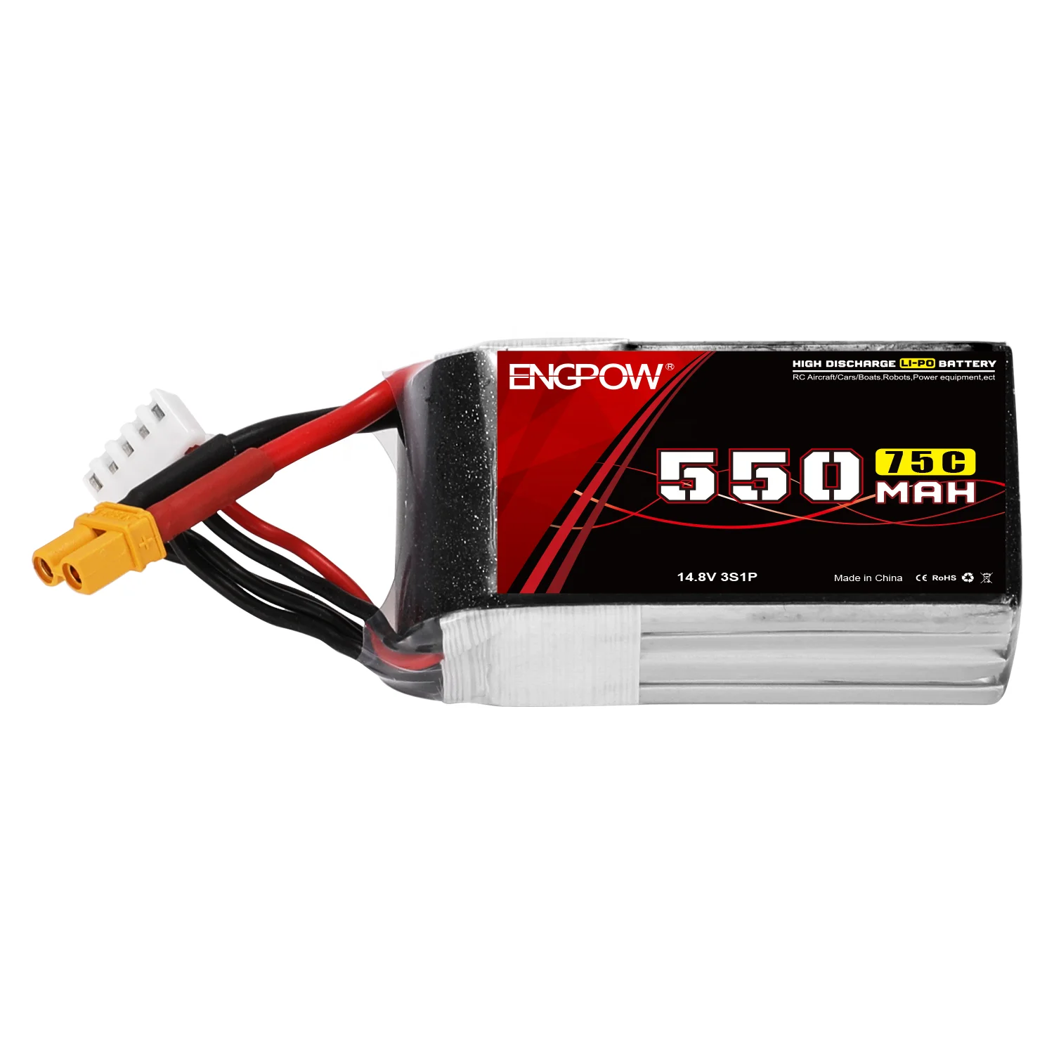 High Performance Power 4S1P 14.8V 550mAh 75C Rechargeable FPV Racing RC Drone LiPo Battery