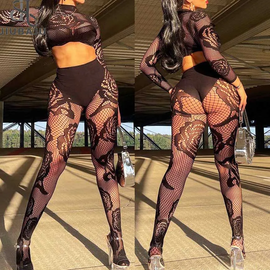 Hole Style Women Sexy Bodycon Crop Top and Long Pants Stretchy Club Wear 2  Piece Outfits Sets