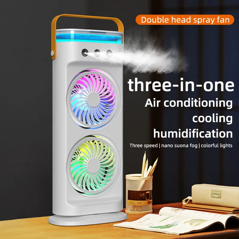 Rechargeable Dual Head Water Mist Air Cooling Fan with LED Light & 600ml Water Tank