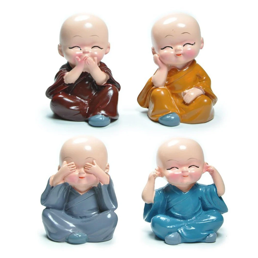 Four Resin Laughing Little China Zen Kung Fu Family Toy Doll Statue Cute Buddha Monk