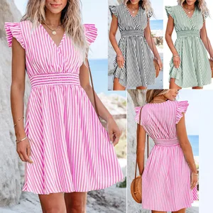 Hot Sell Mini Dress Striped V Neck Ruffle Flutter Sleeve Smocked Waist a Line Women Casual Summer Dresses