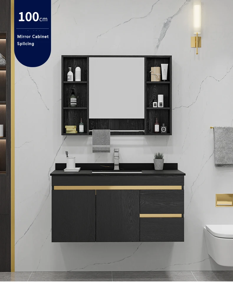 Luxury Black Gold Design Waterproof Solid Wood Bathroom Vanity