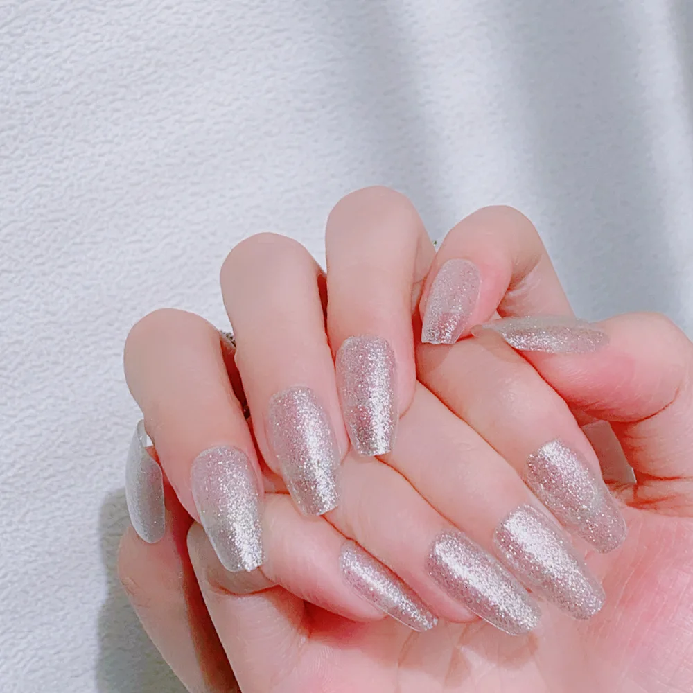 24 Stück Ballerina-Press-on-Nägel Mit Glitzer & Strass – Französische Sargform Für Frauen
