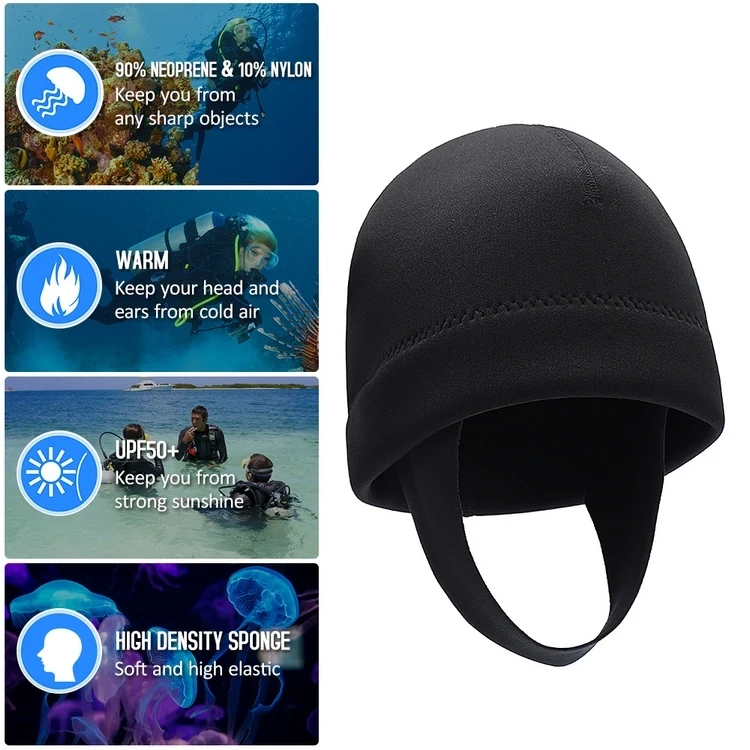 Bonnet de plongée en néoprène de 2 mm avec mentonnière extensible pour la plongée avec tuba, kayak, voile, canoë, sports nautiques