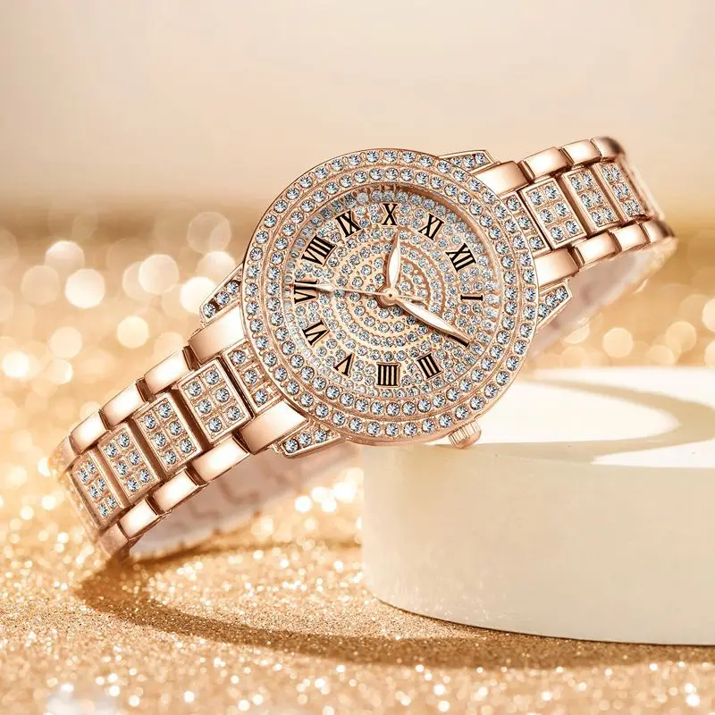 Fashion Female Diamond Wrist Watches Rose Gold Dial Quartz Glass Digital Stainless Steel Watch Alloy Unisex 6mm Round 20cm 60g