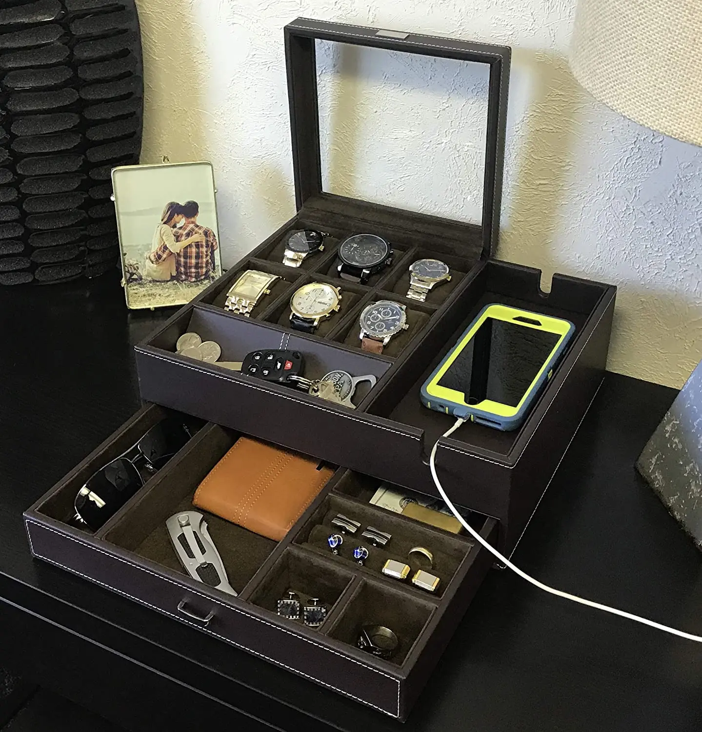 Source Watch Box Case & Men Jewelry Box Organizer with Smartphone Charging  Station (Brown/Brown) on m.