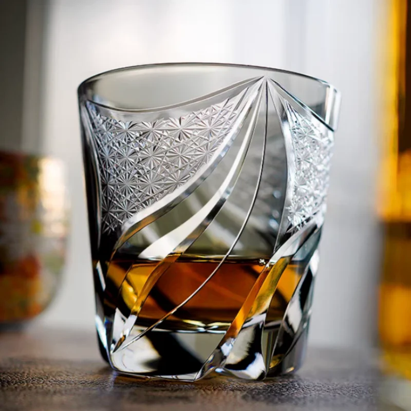 Edo Kiriko Glass Hand Cut Amber Whiskey Glass, Japanese Style Glasses