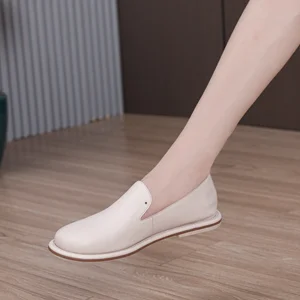 Open-Fancy White Leather Flat for Ladies New Style Single Commuter Casual Shoes Slip-On Flat Bottom for Girls