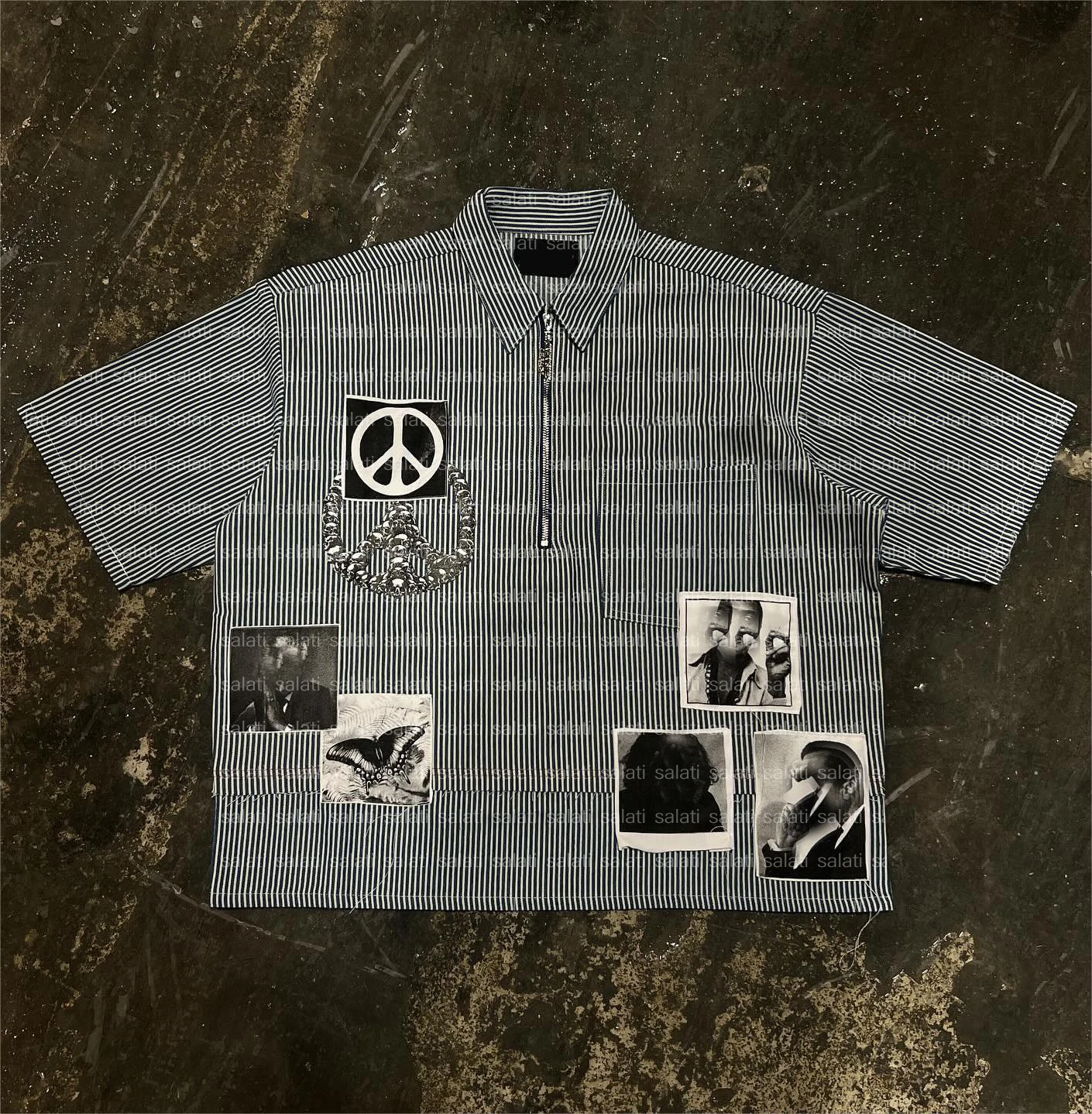Salati Manufacturer Custom Distressed Embroidered Short Sleeve Patchwork Canvas Zip up Boxy Cut Edge Polo Work Shirts Men gallery 7