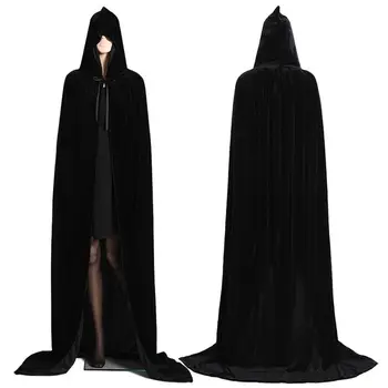 Cheap Wholesale Unisex Black Hooded Cape Long Velvet Cloak for Halloween Masquerade Cosplay Costumes