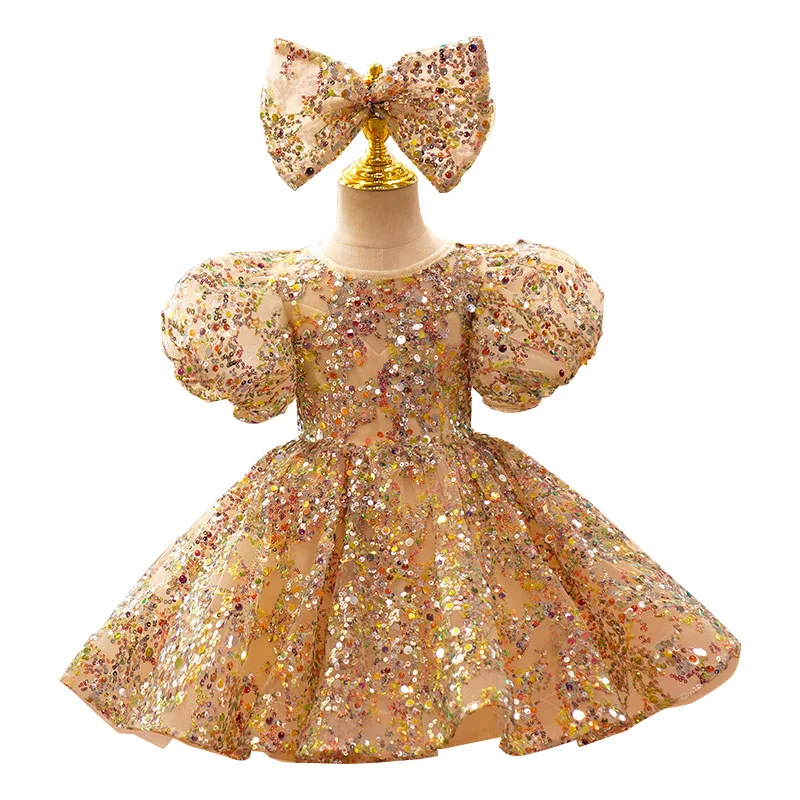Shiny Children's Poncho Dress Little Girl Flower Child Wedding Bubble  Sleeve Princess Dress Sequins Baby's 12 Month Dress