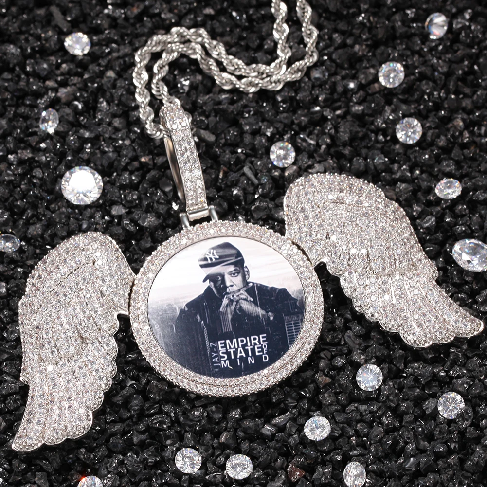 Circle Chain with Wings Iced Out Photo Pendant Necklace