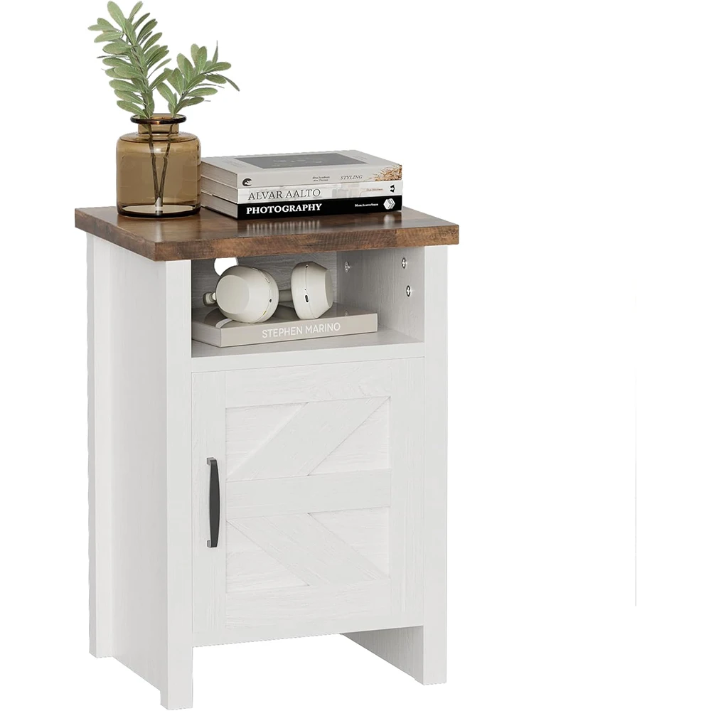 Farmhouse Modern Wooden Nightstand with Shelf and Barn Door Side Table Set of 1 for Bedroom White