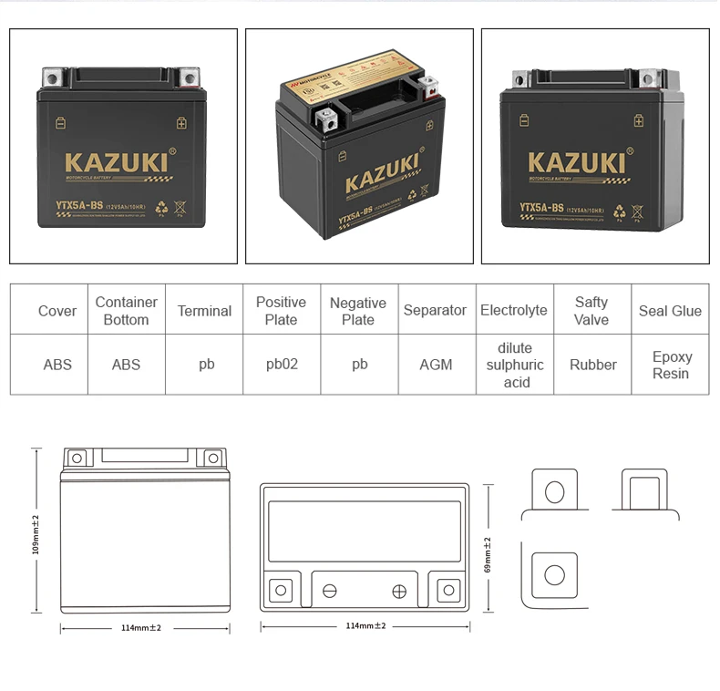 KAZUKI Motorcycle Battery - 12V5AH Maintenance-Free Lead-acid