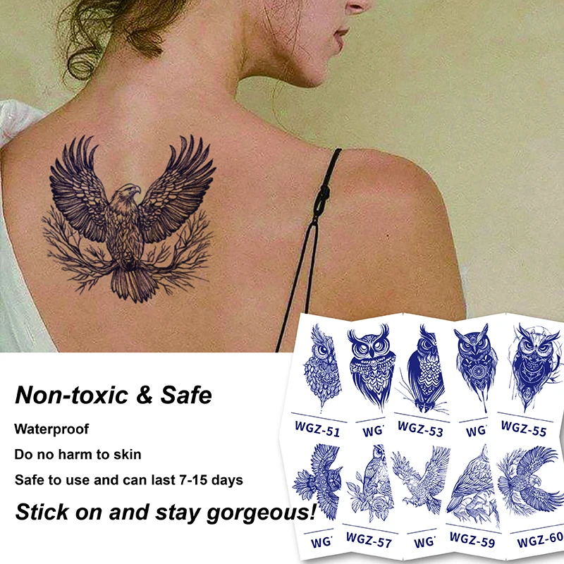 Waterproof Semi-Permanent Tattoo Sticker Owl & Eagle Bird  Animal Design Deep Blue Sweatproof Long-Lasting Plant-Based Non-Toxic