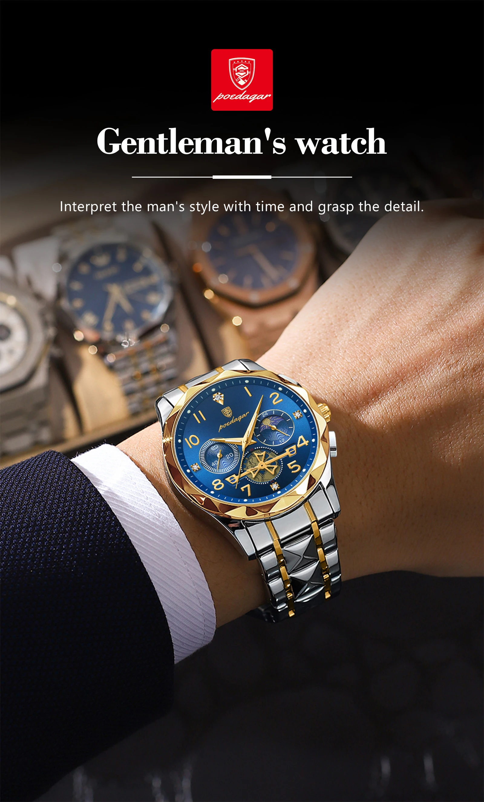 Poedagar 972黄金奢华商务手表防水计时夜光手时尚休闲男士手表Montre Relojes