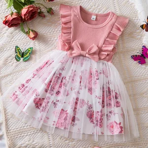 Summer Dress Girl's Sleeveless Lace Patchwork Flower Printed Knitted Fabric ODM Button Decoration Clothes for Kids