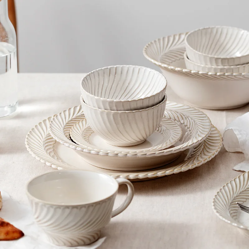 Kiln Retro Creme Geschirr Spülmaschinenfest Suppenschüssel Tiefer Teller Kaffeetasse Steinzeug Geprägte Weizenstroh-Textur Vorrätig| Alibaba.com
