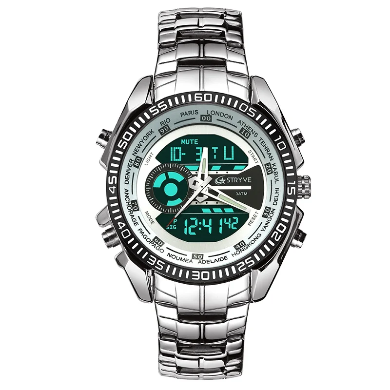 Stryve Brand Luxury Watch Dual Time Chrono Clock Stainless Steel Heavy Dial Waterproof Sports Men Quartz Wrist Watches