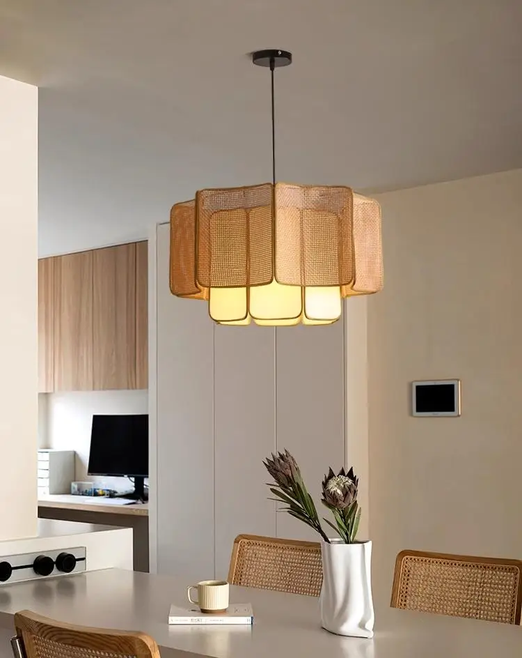 Japanese Wabi-sabi Style Creative Cloud Stone Design Rattan Woven Pendant Light Zen Living Room Restaurant Chandelier for Home