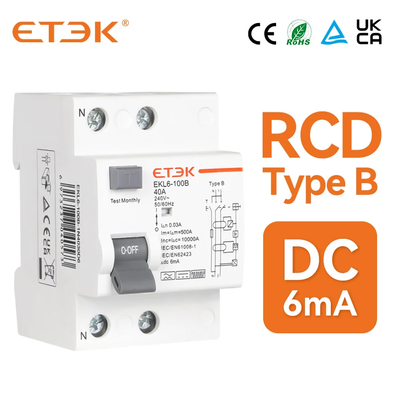 ETEK DCma6 Type B  RCCB  2P  40A 30mA  Rcd Type  Rccb Circuit Breaker Rccb Type B 10KA