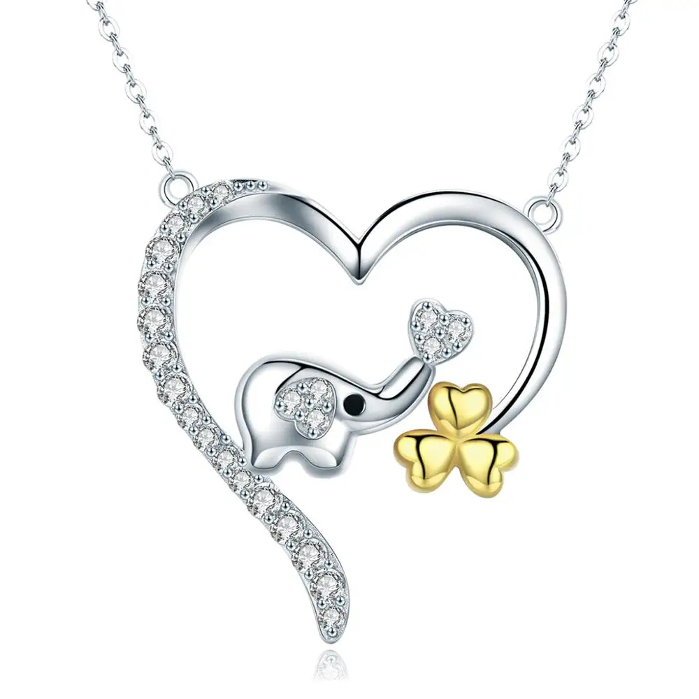 BAGREER SCN247 Cute  Elephant With 18k Gold Plated Lucky Clover Big Heart Pendant Custom  Necklace for Women Girls Jewelry