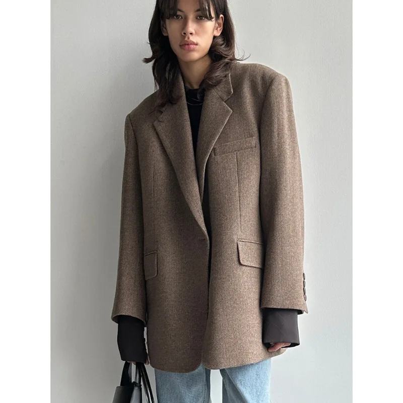 2025 Early Fall New Women's Solid Long Sleeve Blazer Woolen Crocheted Simple Loose Fit Single Breasted Suit Polyester Lining