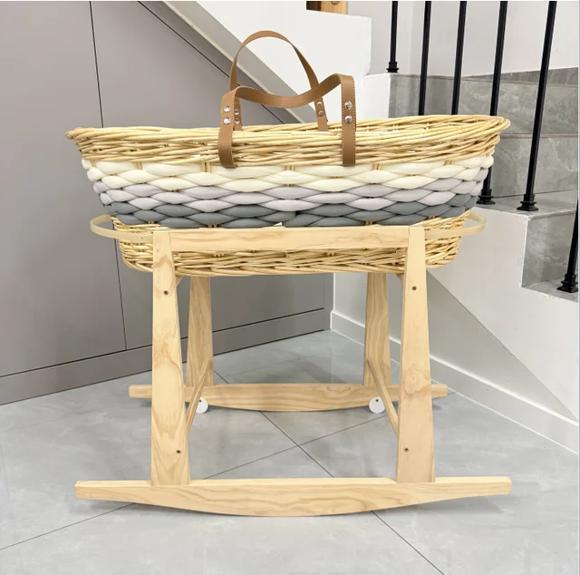 Handmade Woven Rattan Modern Baby Bassinet Carrycot Cradle Moses Basket for Bedroom Living Room & Outdoor Use