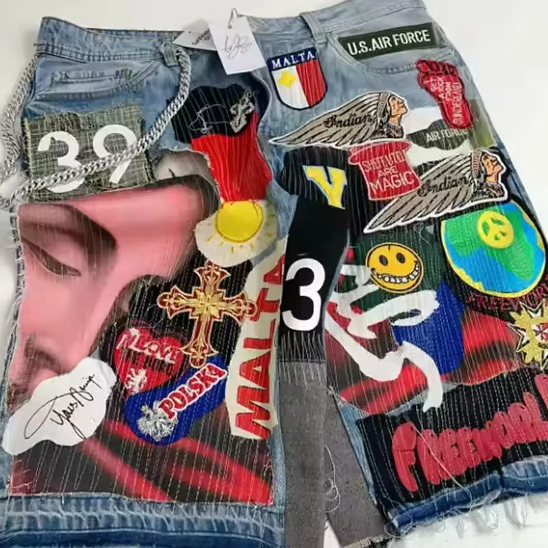 Salati Streetwear Summer Acid Washed Shorts Men Custom Jeans Vintage Pour Hommes Applique Jorts gallery 2
