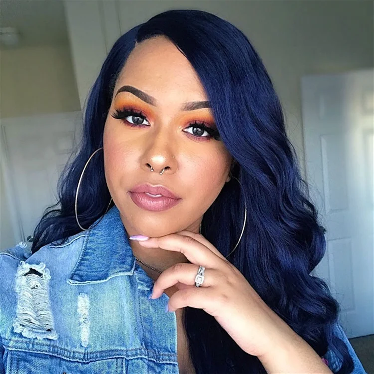 Wig Long Blue Swisslace Lacefront Blue Black 2019 Dark Blue Lace Front Human Hair Wigs 13x4 Brazilian Glueless  main image 3