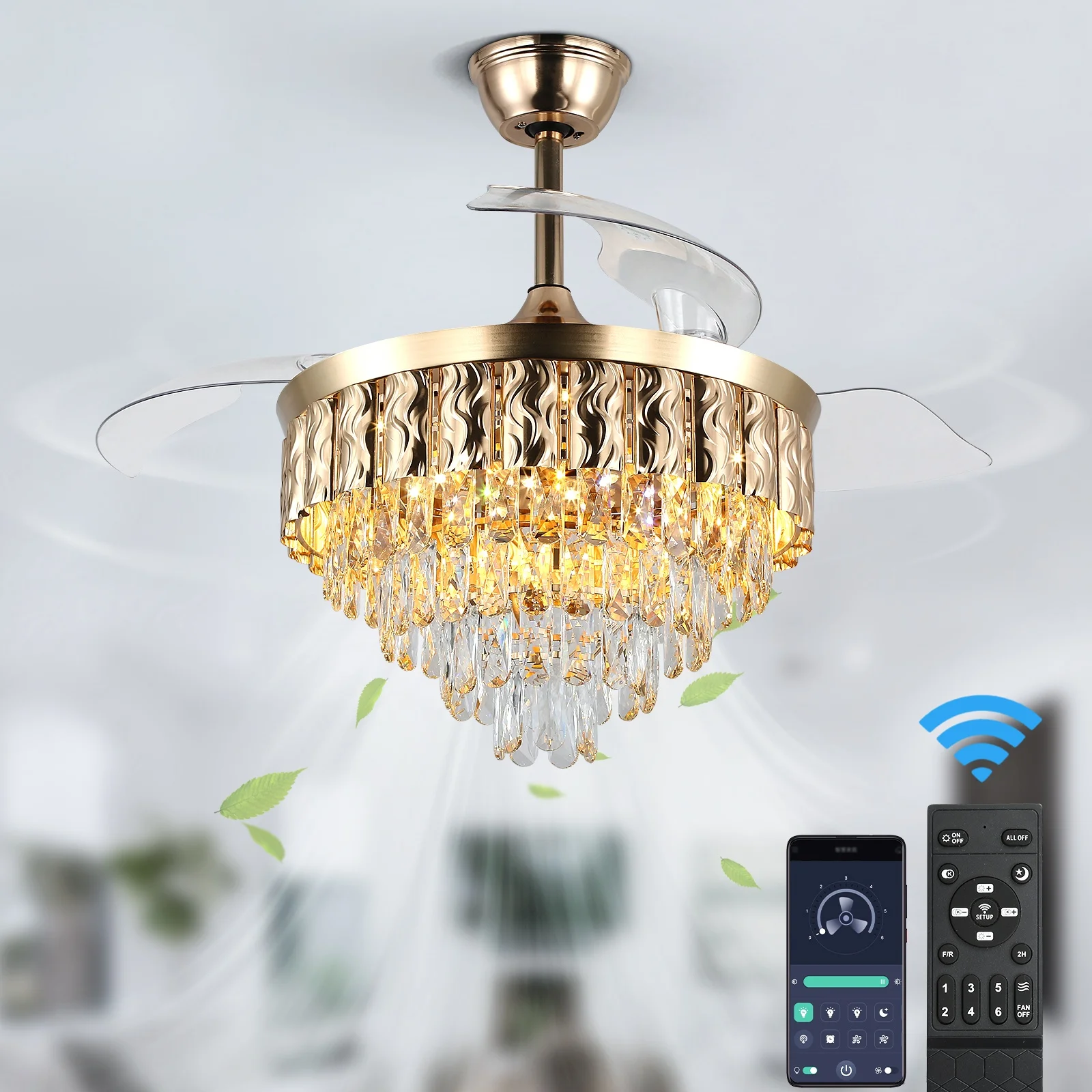 PC Hidden Blades App Intelligent Remote Control Fandelier Ceiling Fan With Light